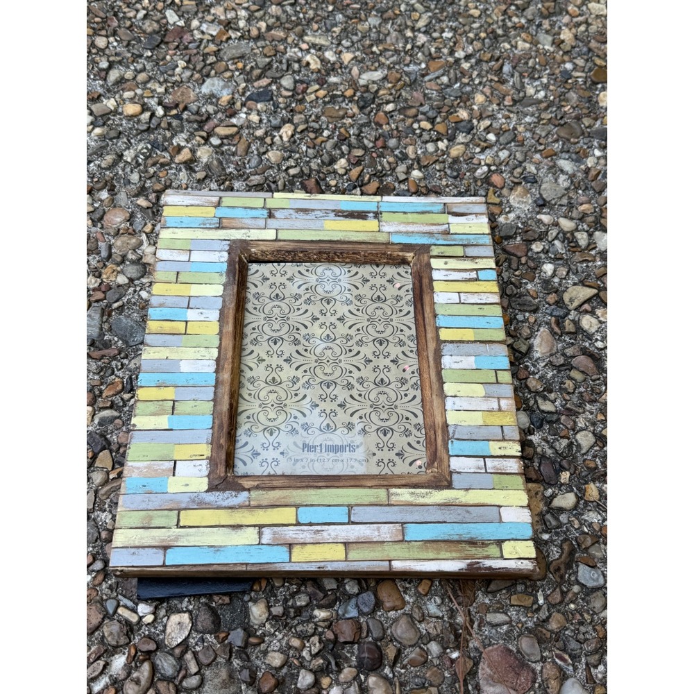 Pier 1 Imports 5x7 Wood Picture Frame Rustic Mosaic Distressed Blue Yellow White